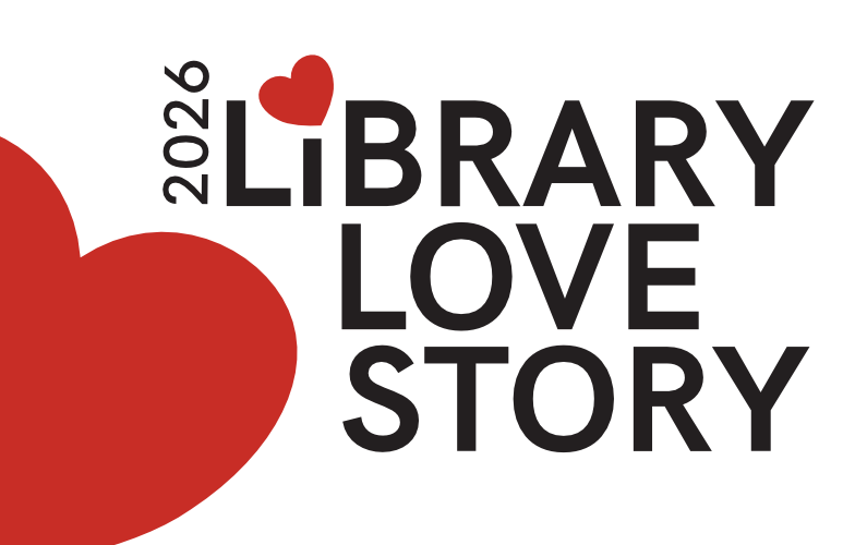 logo for 2025 library love story with partial red heart peaking in from left side and full red heart as the dot on the i.